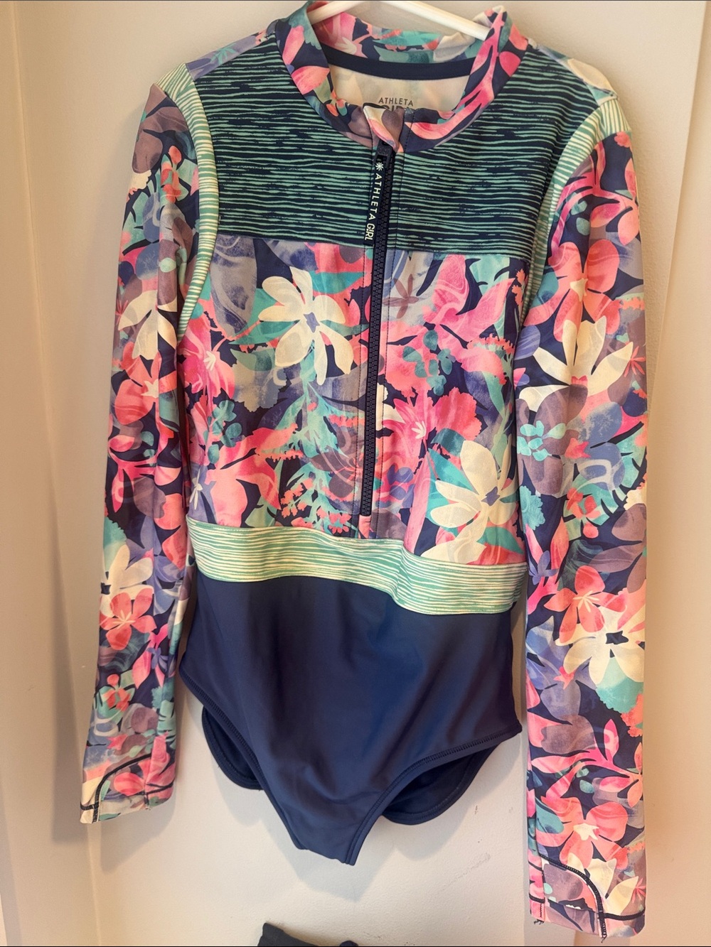 Athleta Multicolor Floral Long Sleeve One-Piece Swimsuit with Navy Bottom